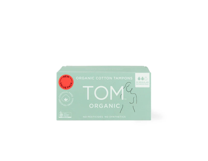 TOM Organic Regular Tampons Bathroom Pack (Hypoallergenic & Biodegradable) 32 pk