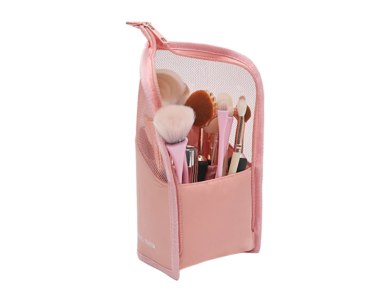 Makeup Tool Bag Grid Visual Design Smooth Zipper Internal Grids High Capacity See-through Storage Stand Travel Makeup Brush Bag for Business Trip - Pink