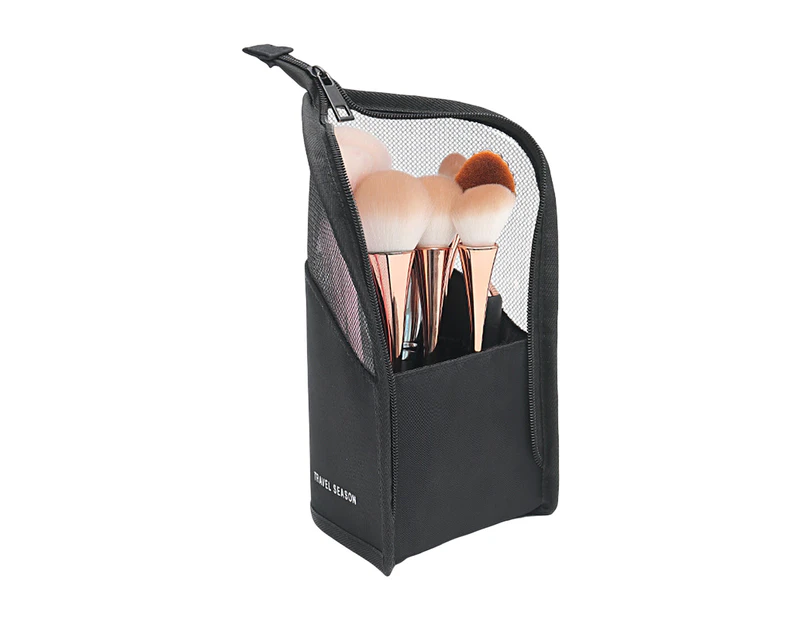Makeup Tool Bag Grid Visual Design Smooth Zipper Internal Grids High Capacity See-through Storage Stand Travel Makeup Brush Bag for Business Trip - Black