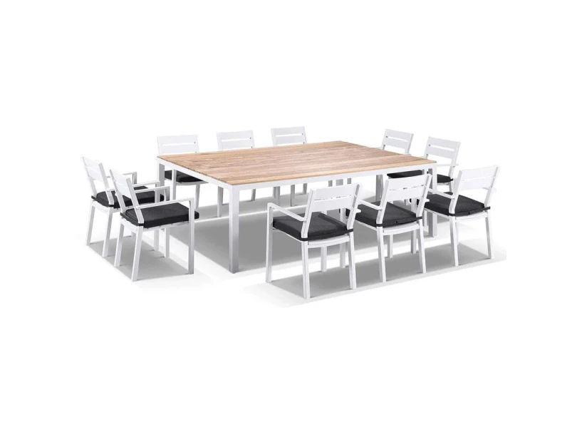 Outdoor Tuscany 10 Seat Teak Top And Aluminium Dining Setting With Santorini Chairs In White - Outdoor Aluminium Dining Settings