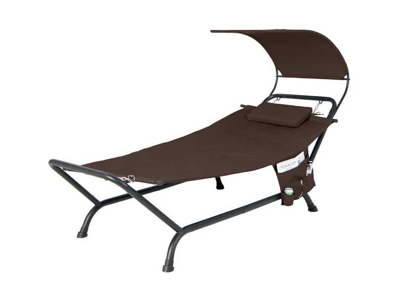 Costway Outdoor Hammock Bed Hanging Chaise Lounge Chair Stand w/Canopy Cushion Pillow Storage Bag Brown