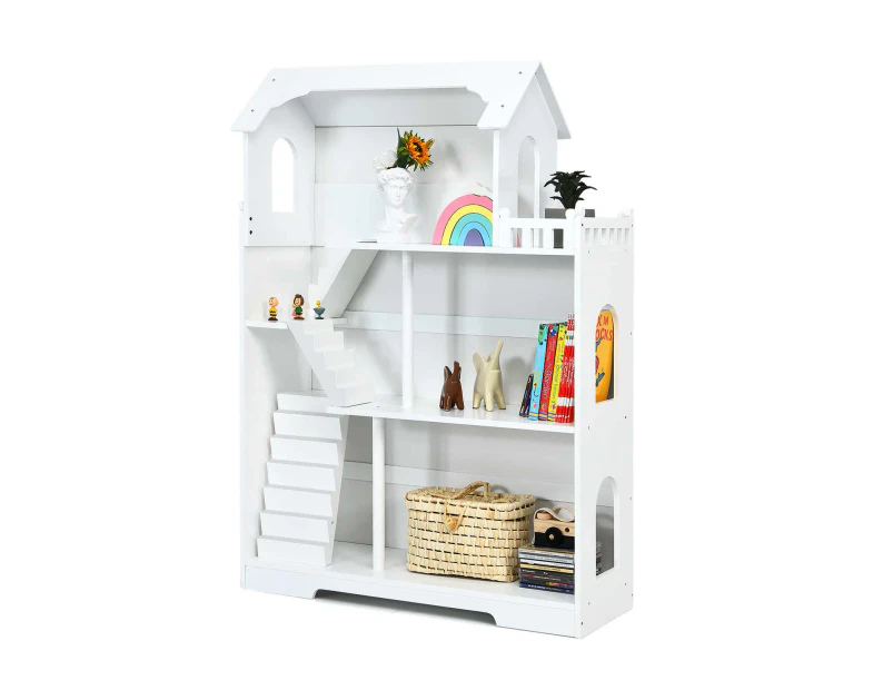 Costway 2in1 Kid's Dollhouse 3-Tier Wooden Bookcase Children's Bookshelf Storage Shelf Organiser Cabinet Room Gift