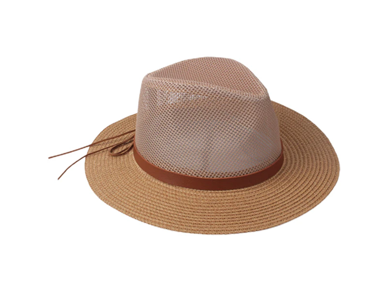 Fufu Strap Decor Adjustable Drawstring Hollow Out Cowboy Hat Man Breathable Holes Straw Sunshade Hat Adult Headwear -Coffee