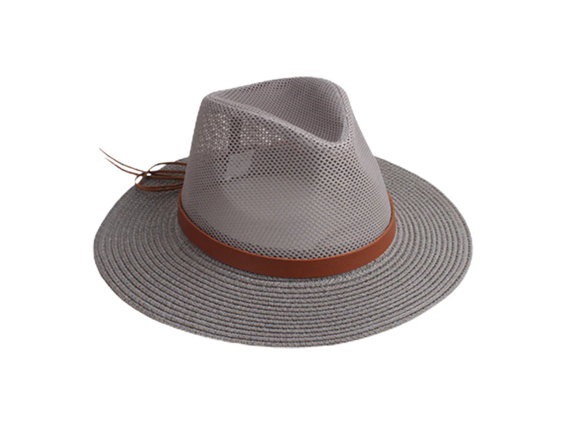 Fufu Strap Decor Adjustable Drawstring Hollow Out Cowboy Hat Man Breathable Holes Straw Sunshade Hat Adult Headwear -Grey