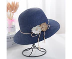 Fufu Sun Hat Flower Foldable Headwear Sweat-absorbent Windproof Rope Straw Hat for Outdoor-Navy Blue