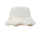 Fufu Winter Bucket Hat Wide Brim Solid Color Rounded Top Keep Warm Headwear Cotton Blends Plush Hat Women Accessories-Beige One Size
