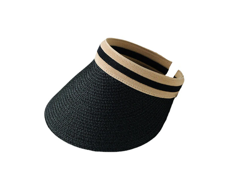 Fufu Women Cap Contrast Colors Washable Sunscreen Durable Firm Stitching Big Brim Breathable Adjustable Empty Top Straw Hat Headwear-Black