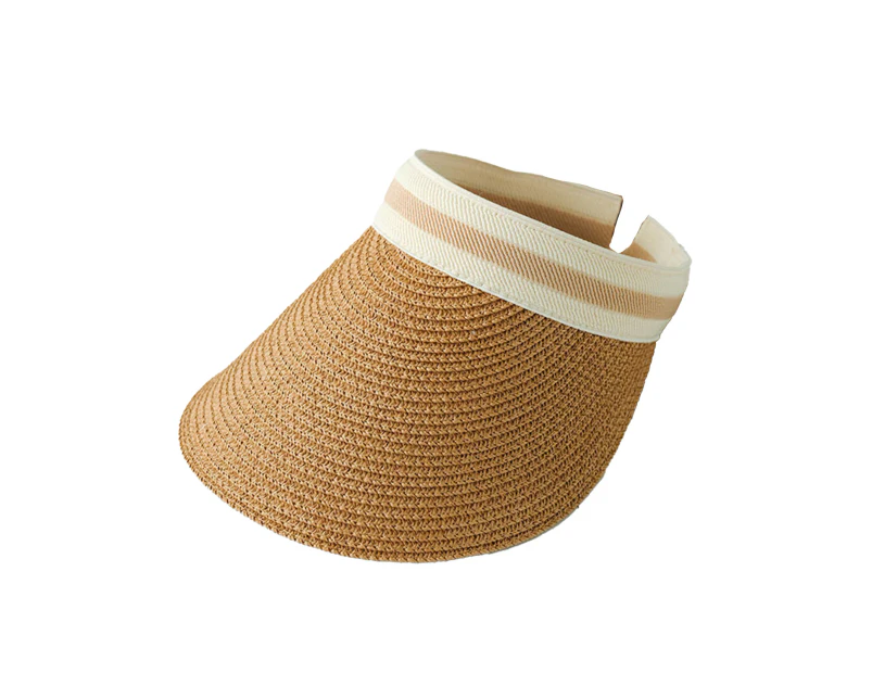 Fufu Women Cap Contrast Colors Washable Sunscreen Durable Firm Stitching Big Brim Breathable Adjustable Empty Top Straw Hat Headwear-Khaki