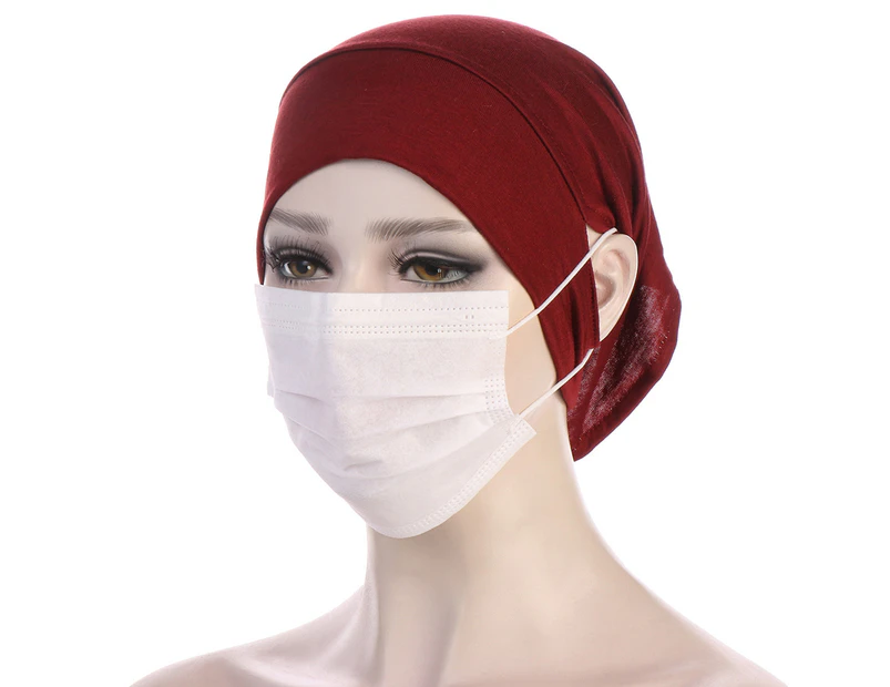 Fufu Women Hat Solid Color Thin Soft Fabric Elastic With Ear Holes Breathable Lady Undercap Headwear-Wine Red