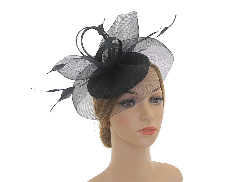 Fufu Tea Party Headwear Flower Shape Net Yarn Vintage Multipurpose Feathers Headwear for Cocktail Party-Black