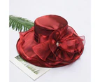 Fufu Women Church Cap Wide Brim Cloth Flower Temperament Foldable Rhinestones Buckle Hat for Wedding-Wine Red