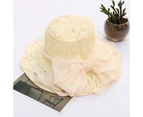 Fufu Women Church Cap Lace Bow Temperament Foldable Flat Top Sun Hat for Wedding-Beige