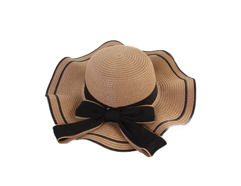 Fufu Windproof Sun Hat Spring Summer Wide Brim Bowknot Decor Straw Hat for Daily Wear-Khaki