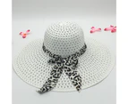 Fufu Sunscreen Braided Foldable Straw Hat Leopard Bowknot Decor Wide Brim Women Beach Hat Fashion Accessories-White