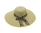 Fufu Sunscreen Braided Foldable Straw Hat Leopard Bowknot Decor Wide Brim Women Beach Hat Fashion Accessories-Khaki