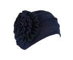 Fufu Turban Hat Stretchy Breathable Solid Color Women Side Flower Beanie Cap Headwear Hair Accessories-Navy Blue