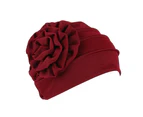 Fufu Turban Hat Stretchy Breathable Solid Color Women Side Flower Beanie Cap Headwear Hair Accessories-Wine Red