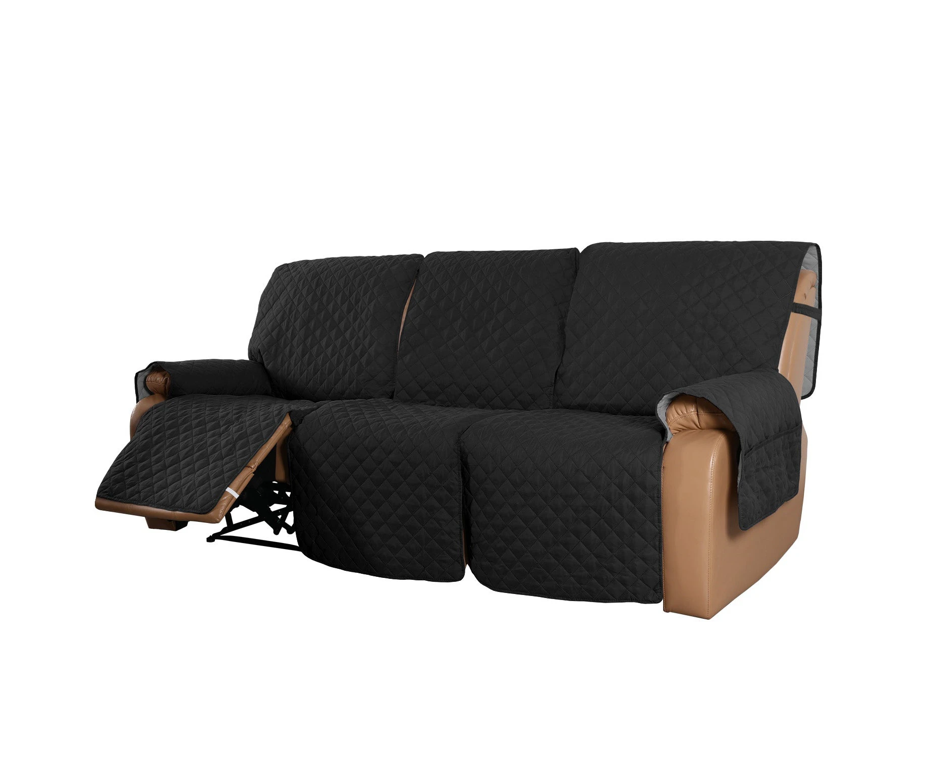 Recliner Sofa Cover with Pocket, Slipcovers Reversible Washable Elastic Adjustable Strap for home(3 Seater,Black）