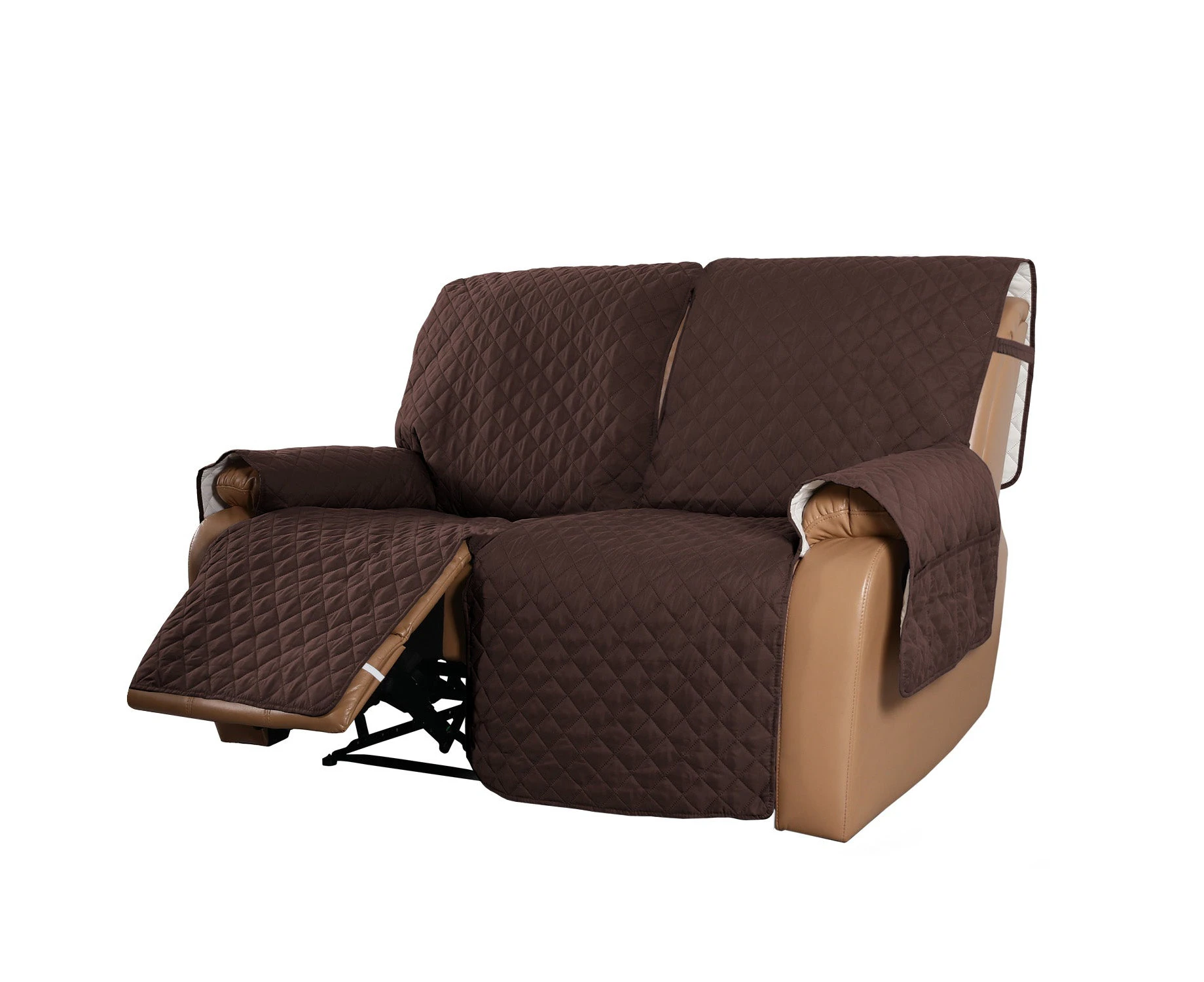 Recliner Sofa Cover with Pocket, Slipcovers Reversible Washable Elastic Adjustable Strap for home(2 Seater ,Brown)