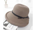 Fufu Women Sun Hat Solid Color String Decor Foldable Curled Edge Sunshade Short Brim Lady Fisherman Hat Headwear -Grey