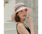 Fufu Women Sun Hat Round Patchwork Fabric Flower Decor Big Brim Anti-UV Women Banquet Hat Headwear-Pink