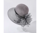 Fufu Women Sun Hat Round Patchwork Fabric Flower Decor Big Brim Anti-UV Women Banquet Hat Headwear-Grey