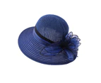 Fufu Women Sun Hat Round Patchwork Fabric Flower Decor Big Brim Anti-UV Women Banquet Hat Headwear-Navy Blue