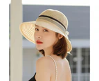 Fufu Women Sun Hat Round Patchwork Fabric Flower Decor Big Brim Anti-UV Women Banquet Hat Headwear-Beige