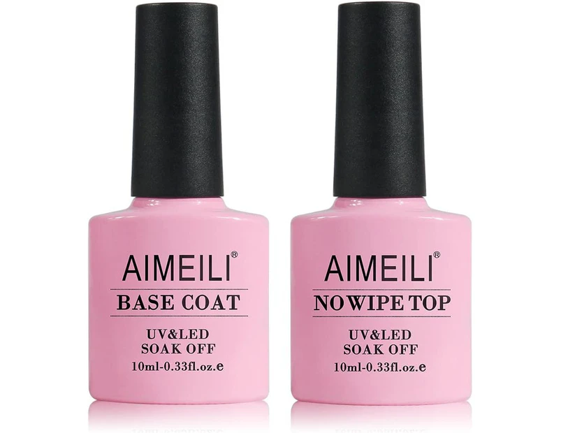 AIMEILI Soak Off UV LED Gel Nail Polish - Base And No Wipe Top Coat Kit Set 10ML