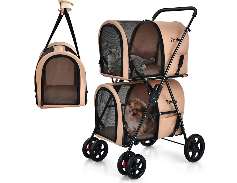 Costway 4-in-1 Double Layer Pet Stroller Folding Pet Crate Dog Travel Cart w/Lockable Wheels&2 Detachable Pet Carrier Bag Beige