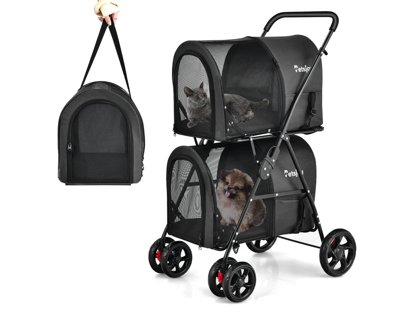 Costway 4-in-1 Double Layer Pet Stroller Folding Pet Crate Dog Travel Cart w/Lockable Wheels&2 Detachable Pet Carrier Bag Black