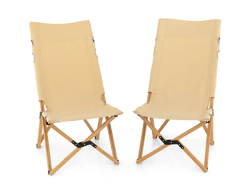 Costway 2PCs Portable Camping Chairs Bamboo Beach Chair Adjustable w/Carry Bag Patio Hiking Fishing Picnic Beige