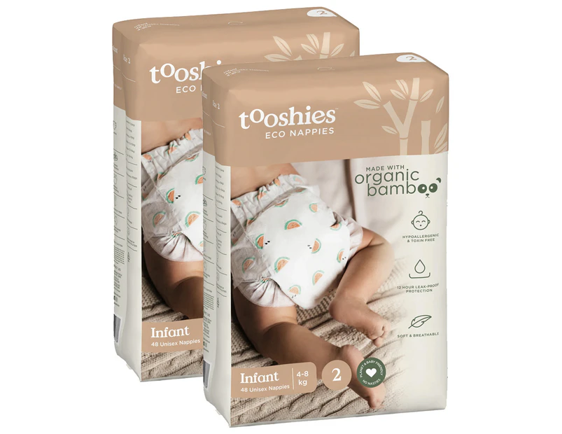 96pc Tooshies Eco Organic Bamboo Unisex 4-8kg Nappies Infant Size 2 Diapers