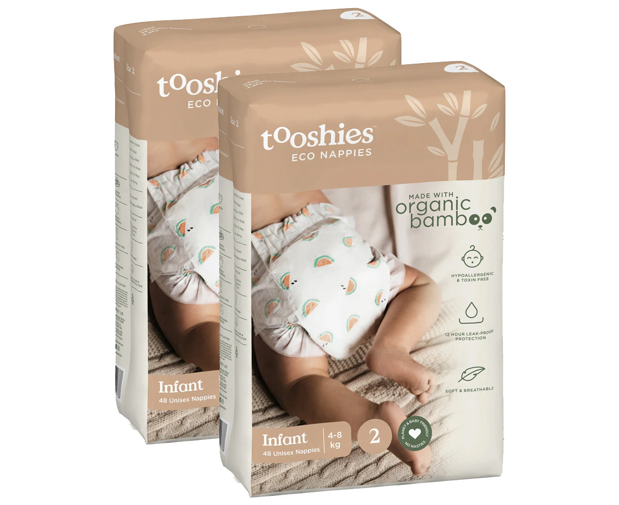 96pc Tooshies Bamboo Eco Organic Unisex 4-8kg Nappies Infant Size 2 Diapers