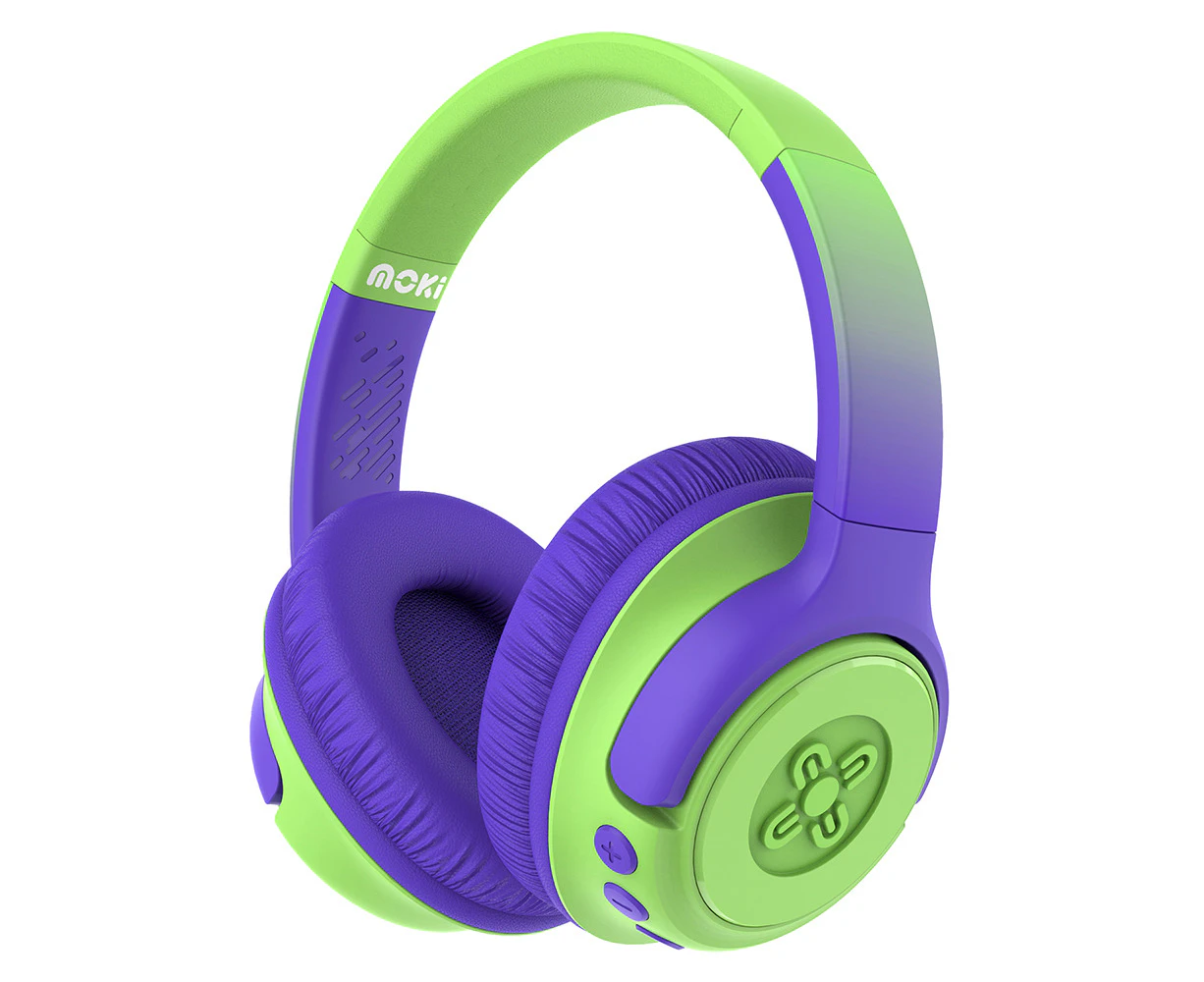 Moki Mixi Kids Volume Limited Wireless/Bluetooth 3.5mm Headphones Green Purple