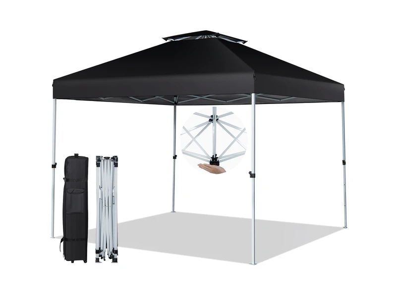 Costway 3x3m Pop-Up Gazebo Portable Instant Setup UV50+ Canopy 2-Tier Party Tent w/Wheeled Carry Bag Wedding Event Cater Shade Black