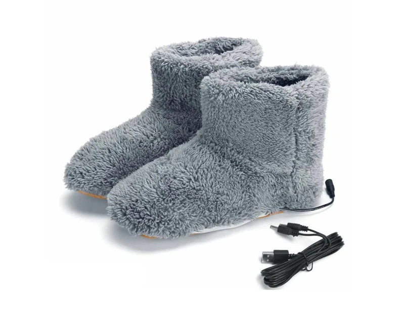 USB Foot Warmer Shoes Feet Heating Plush Boots Electric Washable Slipper Winter Gray
