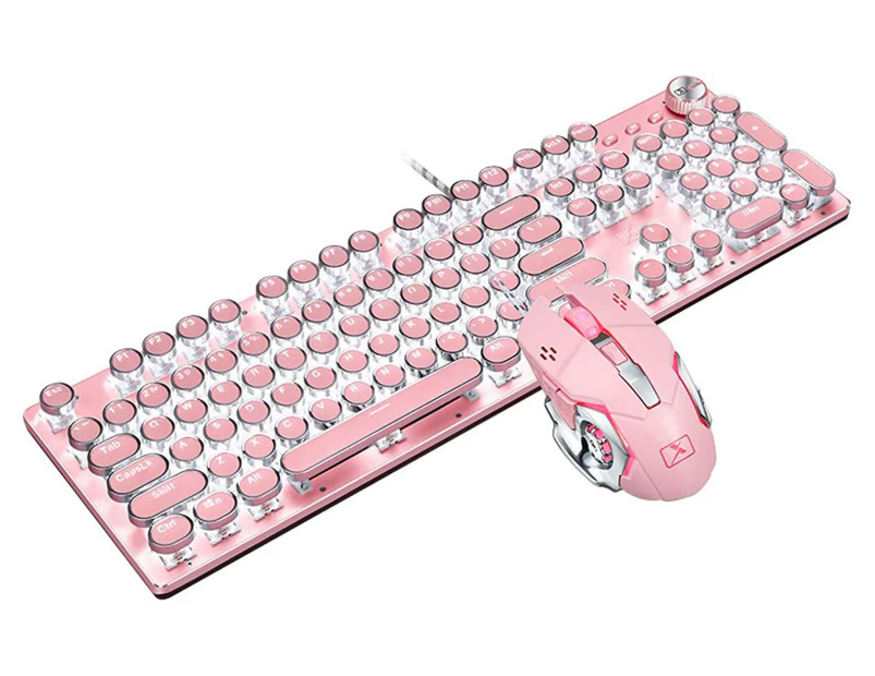 Basaltech Mechanical Gaming Keyboard and Mouse Combo Anti-Ghosting Blue Switch Wired USB Metal Panel Round Keycaps, Pink-Pink