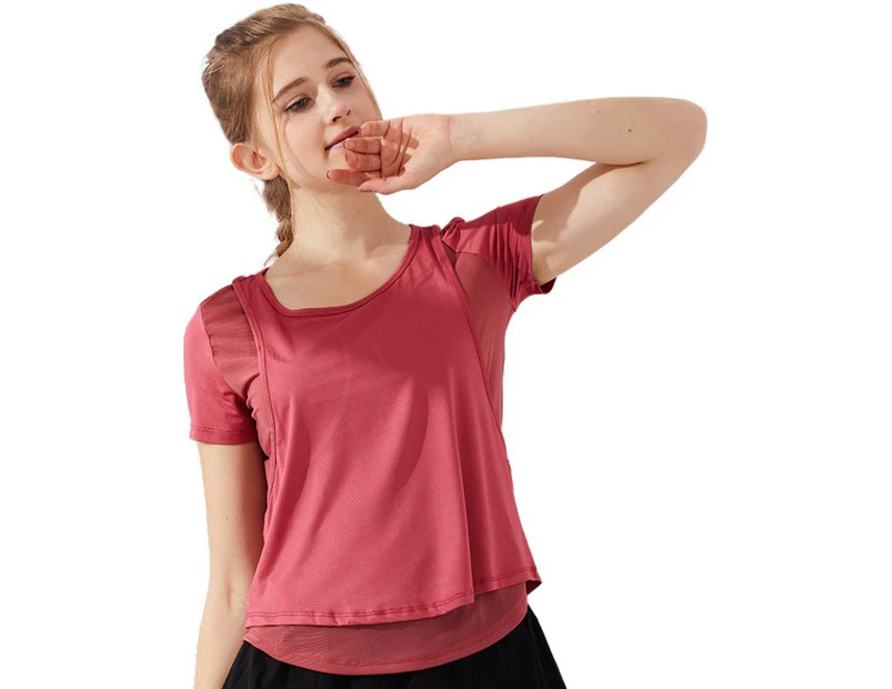 Bonivenshion Women's Short Sleeve Workout Shirts 2 in 1 Quick Dry Sports Tops Running Tees Exercise Training Tee Tops-Red