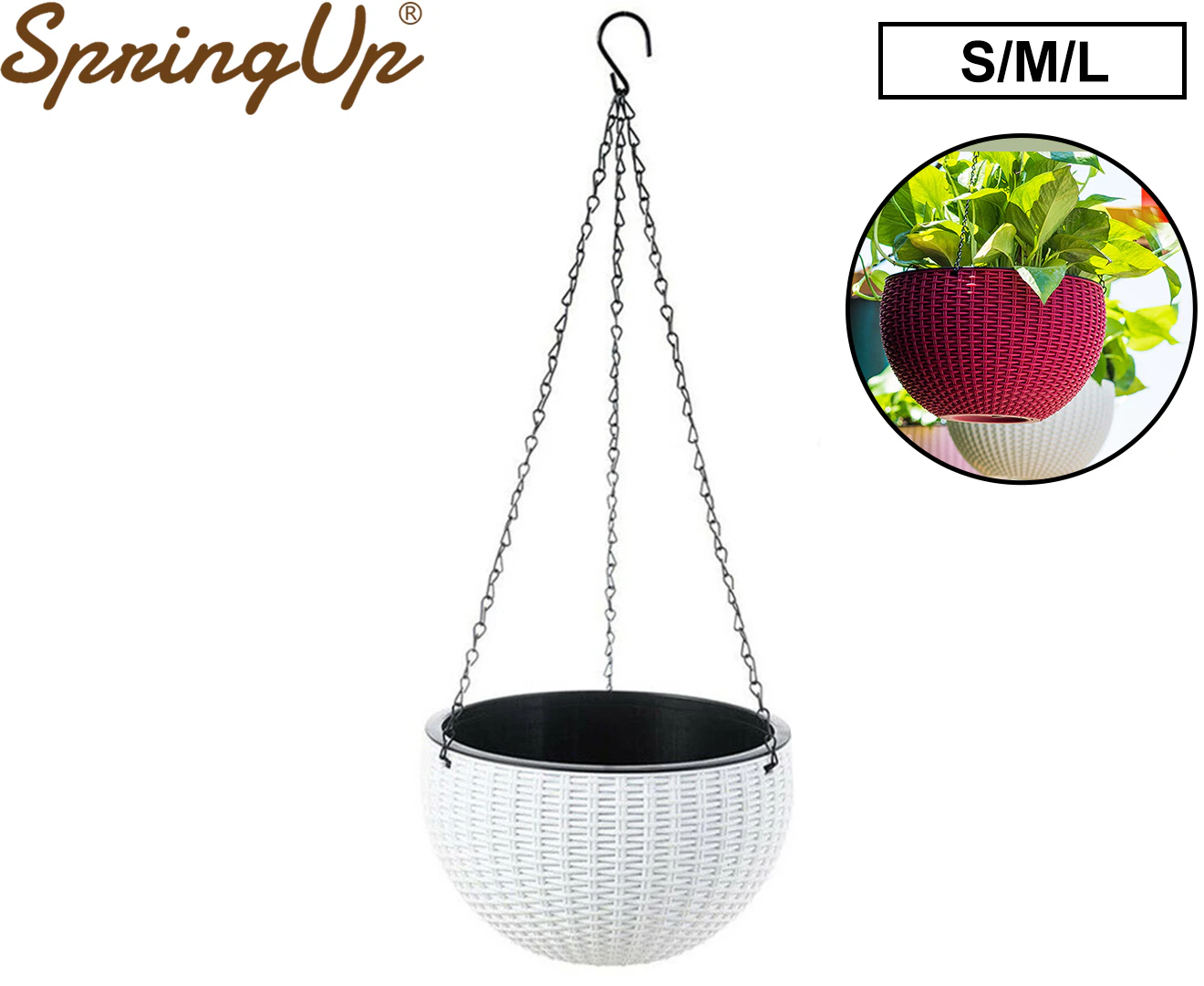 SpringUp 2X Landen Rattan Hanging Plant Pots Flower Baskets Hanger Self Holder Wall White S L M