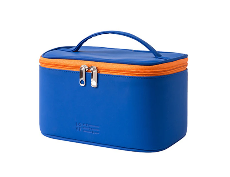 Makeup Bag with Handle Portable Faux Leather Travel Makeup Bags for Outing - Royal Blue