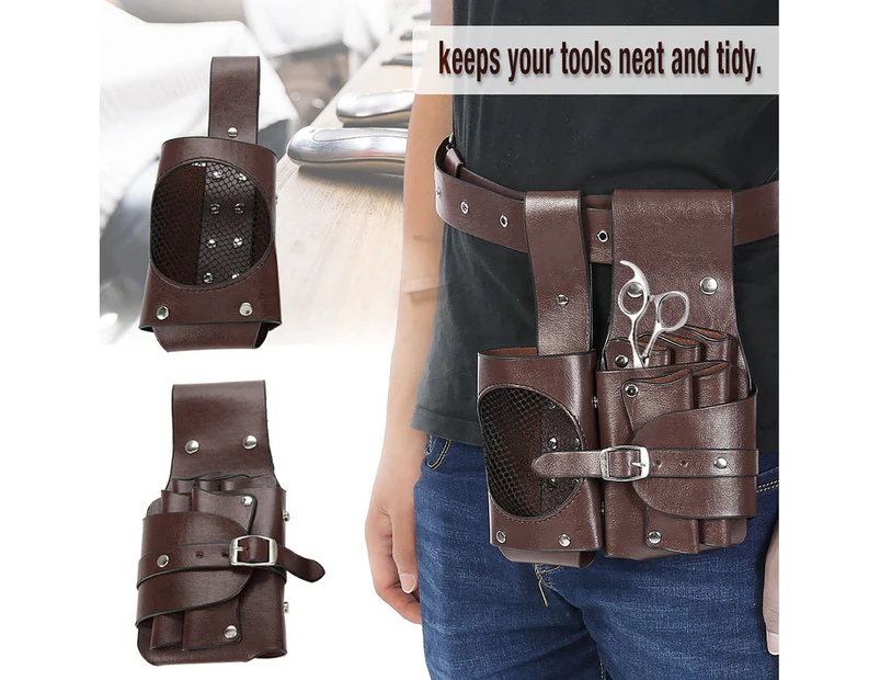 Barber Scissors Hairdressing Tool Storage Pouch Faux Leather Waist Bag Organizer - Brown