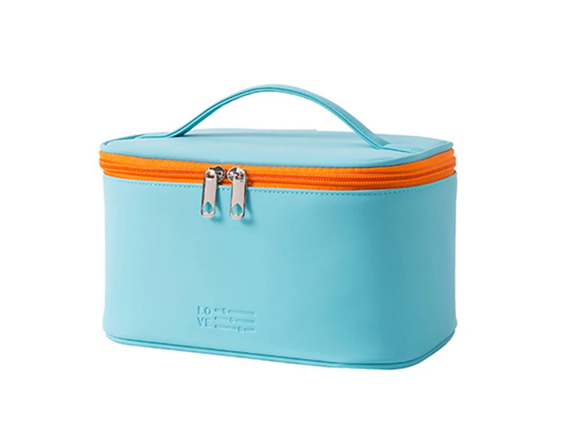 Makeup Bag with Handle Portable Faux Leather Travel Makeup Bags for Outing - Light Blue