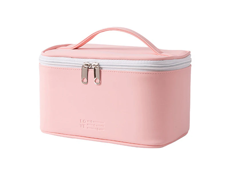 Makeup Bag with Handle Portable Faux Leather Travel Makeup Bags for Outing - Pink