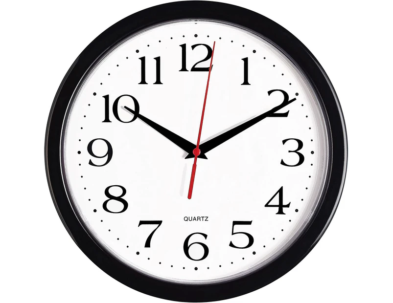 25cm Round Easy-to-Read Quartz Battery Powered Wall Clock for Home, Office, or School, Black