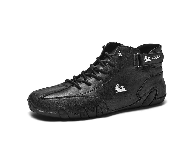 Leather Casual Sneakers for Men Motorcycle Shoes 2023 New In Waterproof High Top Men Boors - Black