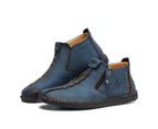 Leather Boots Men Shoes Casual Slip On Patent Boots Work Retro Leather Ankle Botas - Blue