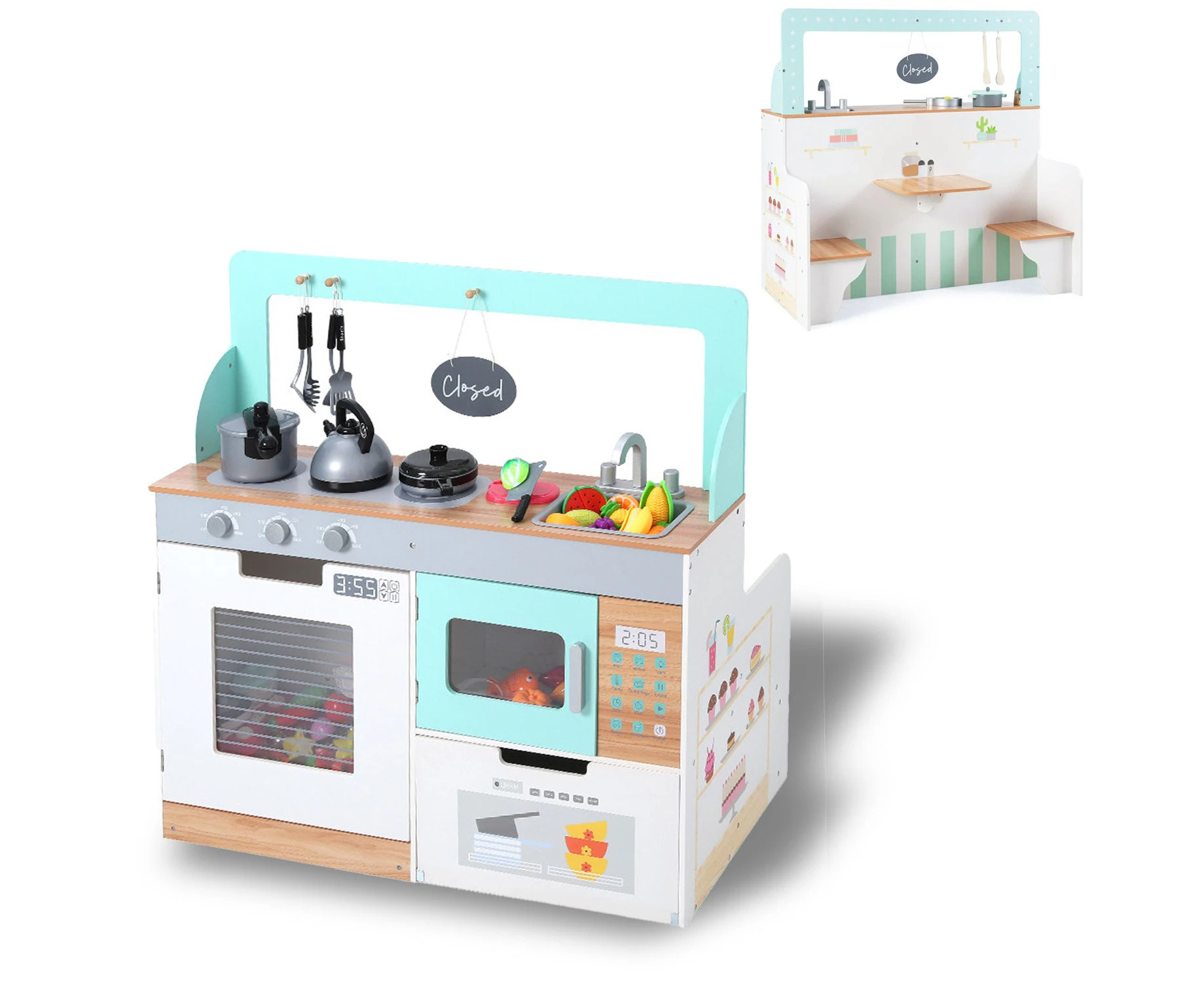 2-in-1 Kids Kitchen Double Sided Cooking Toys Wooden Pretend Play Set Restaurant Playset Gift