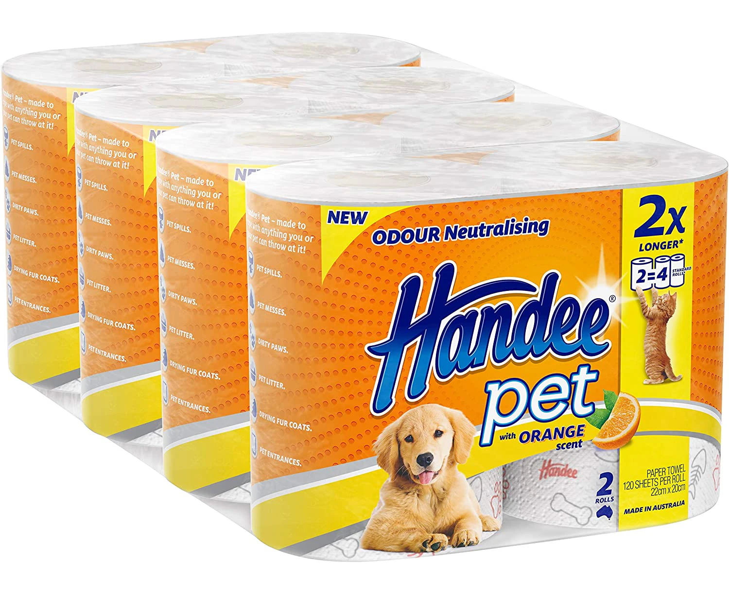 Handee Pet Orange Scent Odour Neutralising 2 Ply Double Length Pet Towel (8 Rolls of 120 sheets), 8 count