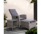 Gardeon 3PC Recliner Chairs Table Sun lounge Wicker Outdoor Furniture Adjustable Grey